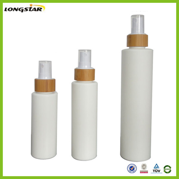 white plastic cosmetic bottle with bamboo fine mist sprayer